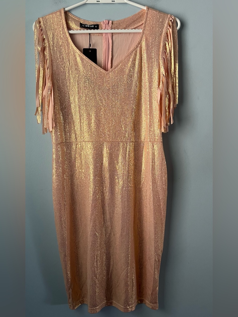 NWT Sheilay Rose Gold Metallic Shimmer Fringe Champagne Cocktail Dress Size S